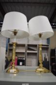 Pair of Brass Table Lamps with White Shades