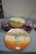 Two Royal Doulton Plates and Two Coloured Glass Vases
