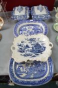 Period Blue & White Willow Pattern Serving Dishes and Tureens etc.