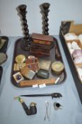 Vintage Collectibles Including Music Box, Hip Flask, Pipes, etc.