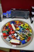 Tray Lot of Diecast Toy Cars and a Car Transporter