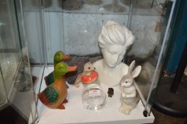 Pottery Animals, Glass Paperweight, and a Bust