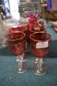 Set of Six Cranberry & Gilt Wine Glasses plus Cranberry Glass Jug