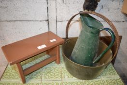 Brass Jam Pan, Enamel Jug, and a Small Wooden Stool