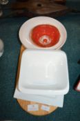 White Pottery Dishes, Wooden Board, etc.