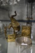 Five Brass Ornaments Including Miniature Chest of Drawers, and an Elephant