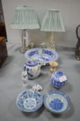 Blue & White Chinese Pottery, and Two Table Lamps