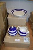 *Eight Blue & White Stripe Plates, and Two Sets of Two Sugar & Cream Pot Sets