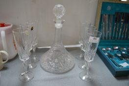 Cut Glass Lead Crystal Decanter and Six Lumin Arc Wine Glasses