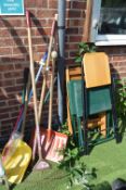 Assorted Garden Tools and Folding Stools
