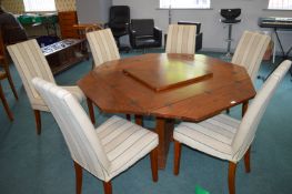 Octagonal Dining Table with Folding Leaves and Six Matching Upholstered Chairs