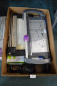 Office Sundries Including Paper Trimmer, Staplers, and Punches