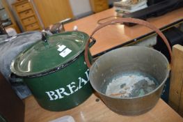 Enamel Bread Bin, and a Brass Jam Pan