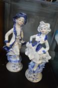 Pair of Victorian Blue & White Pottery Figurines