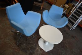 *Two Light Blue Upholstered Lounge Chairs with a White 60cm Circle Table