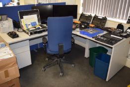 *Light Grey Workstation Comprising of Shaped Desk with Drawer Pedestal, Side Table, and Gas-Lift