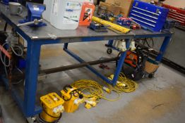 *8ft x 4ft Steel Workbench on Castors Fitted with Irwin Vice (contents not included)