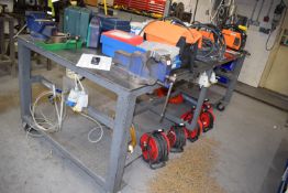 *8ft x 4ft Steel Workbench on Castors Fitted with Vice (contents not included)