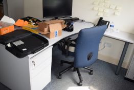 *Grey Office Furniture Including Side Table, Standalone Drawer Pedestal, and Shaped Desk, plus Gas-