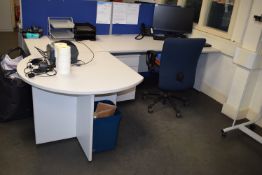*White Office Workstation Comprising Shaped Desk, Square and Shaped Side Tables, and a Gas-Lift