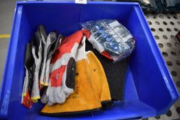 *Plastic Tub Containing Assorted Work Gloves, Abrasive Pads, etc.