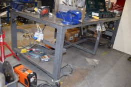 *8ft x 4ft Steel Workbench on Castors Fitted with Two Vices (contents not included)