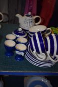 *Blue & White Breakfast Set Including Teapot Mug, Four Teacups & Saucers, Four Egg Cups, and a Sugar