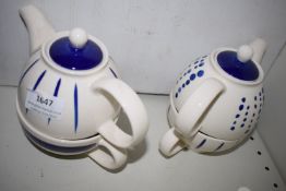 *Two Blue & White Tea for One Teapots with Cups