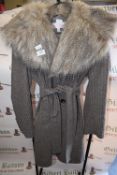 Gharani Strok Beige & Brown Checked Coat with Fur Collar Size: L