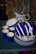 *Blue & White Breakfast Set Including Teapot Mug, Four Teacups & Saucers, Four Egg Cups, and a Sugar