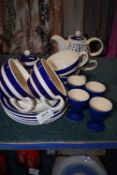 *Blue & White Breakfast Set Including Teapot Mug, Four Teacups & Saucers, Four Egg Cups, and a Sugar