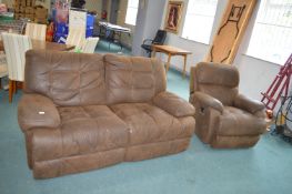 Brown Leatherette Reclining Two Seat Sofa and Matching Armchair