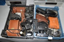 Two Trays of Assorted Vintage Cameras and Camcorders Including Edixaflex etc.