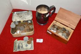 Assorted Coinage Including Two Victoria Silver Sixpences, and a Tankard
