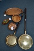 Two Brass Warming Pans, Wooden Tray, Bowl, and Trinket Boxes