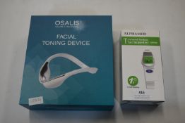 Osalis Facial Toning Device and an Alpha Red Infrared Forehead Thermometer