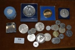 Small Collectibles Including Bronze Medallions, Coinage, and a Wedgwood Pot