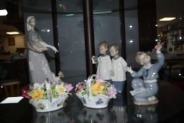 Lladro Goose Girl Figurine, Two Flower Posies, and Two Nao Boy Figurines