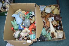 Two Boxes of Decorative Pottery Vases and Ornaments (some AF)