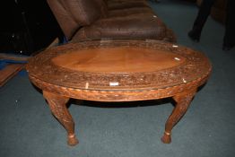 Indian Oval Carved Wood Coffee Table with Glass Top