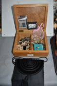 Carved Wooden Box Containing Costume Jewellery, and a Evening Bag