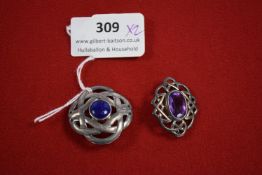 Two Sterling Silver Celtic Brooches with Lapis and Amethyst