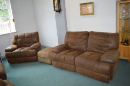 Two Piece Brown Leatherette Reclining Suite plus Storage Pouffe