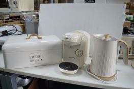 Tassimo Coffee Machine, Electric Kettle, and a Bread Bin