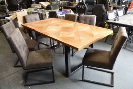 *Dining Table with Oak Panel Top and Six Metal Framed Grey Suede Effect Chairs