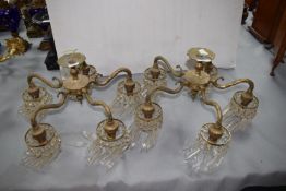 Pair of Brass Chandeliers with Crystal Drops Wired for Electricity