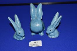 Three Small Sylvac Blue Rabbits