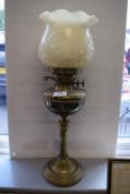 Brass Classical Column Oil Lamp with Cream Glass Shade