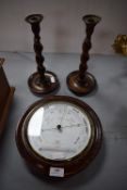 Mahogany Cased Barometer by U. Shaw of Low Gate, Hull, and a Pair of Barley Twist Candlesticks