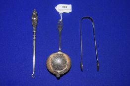 Hallmarked Sterling Silver Tongs, Caster Spoon, and a Button Hook